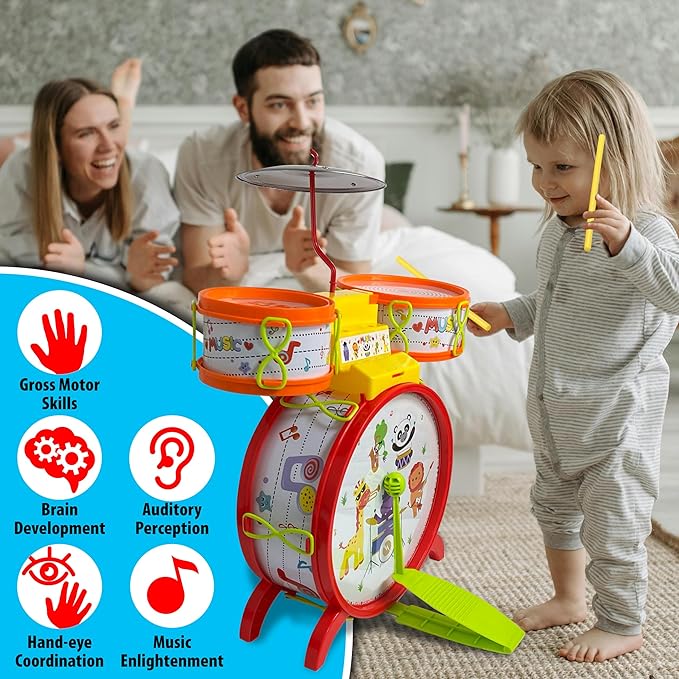 Small World Toys Kids Drum Set, Neurosmith My First Drum Set for Toddlers, Preschool Educational Toddler Music Toys Instruments for Kids, Birthday Toys for 2 Year Old Boys and Girls Gift