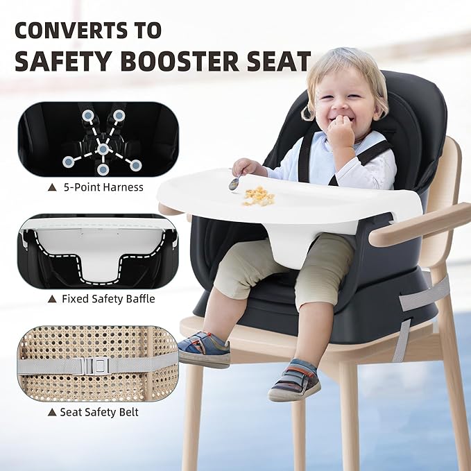 8 in 1 Baby Highchair, Convertible High Chair for Babies and Toddlers, Booster Seat w/5-Point Safety Belt, Toddler Building Block Table, Dishwasher Safe Tray, No Tool Install, Black