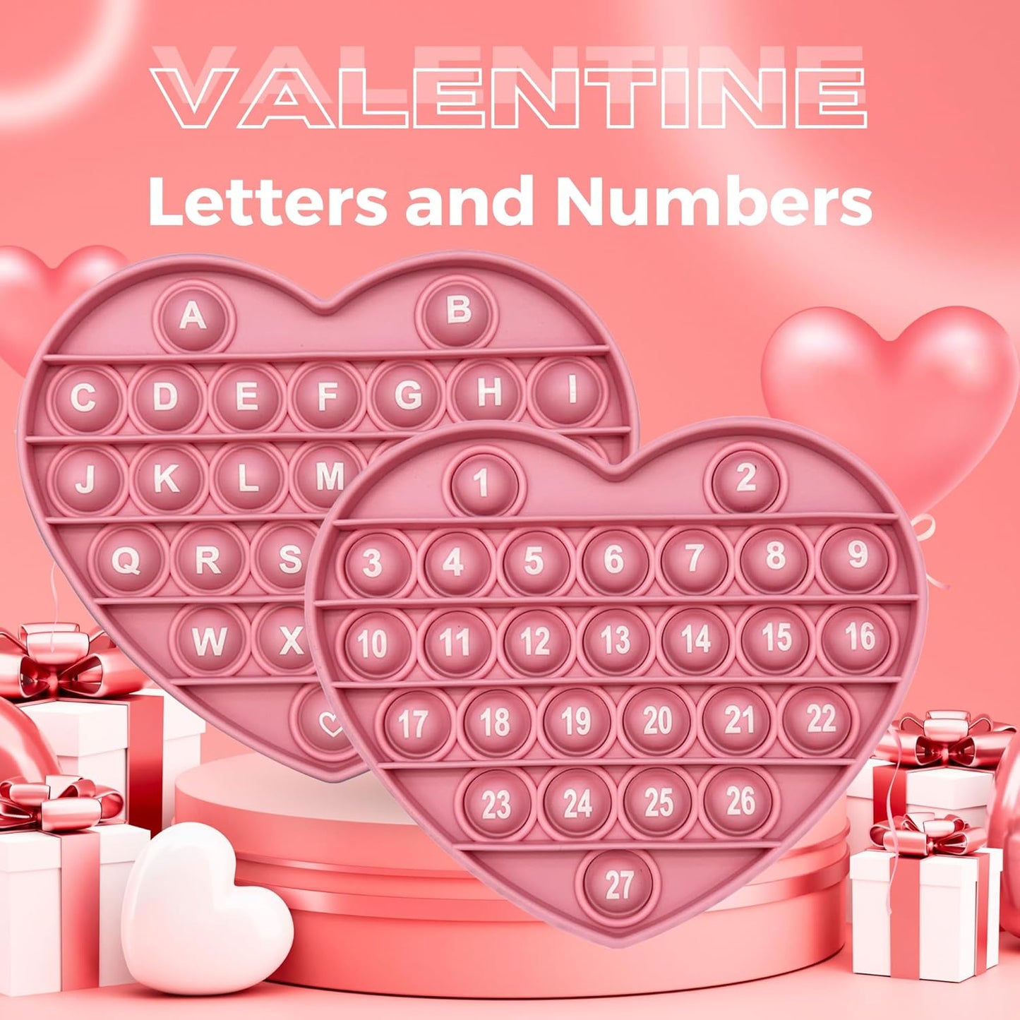 Pink Heart Shaped Pop Bubble Valentines Fidget Toy with Letters and Numbers, Xmas Gift Sensory Toy with Alphabets Kids Birthday Party Classroom Prize Stress Reliever