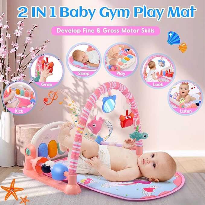 Baby Gyms Play Mats, Baby Toys Tummy Time Mat, Baby Activity Mat Play Piano Gym with 5 Sensory Toys for Babies, Music and Lights Boy & Girl Gifts for Infant Newborn Baby 0-3 4-6 6-9 6-12 Months