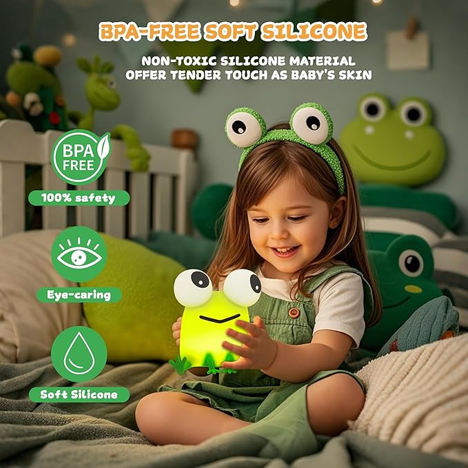 Cute Frog Night Light, LED Silicone Squishy Novelty Animal Lamp,3 Levels Dimmable/Timer Nursery Nightlight for Kids, Rechargeable Touch Bedside Lamp, Bedroom/Dorm Decor, Baby Boys Girls Gifts
