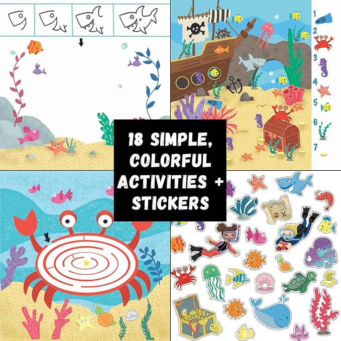 Totebook Kids Travel Educational Activity Book with Washable Markers - Car and Airplane Activities, Learning Toys for Toddlers- Reusable Stickers for Ages 4, 5, 6 (Ocean & Extra Princess Book)