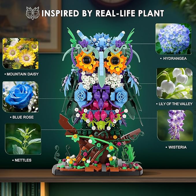 JOJO&Peach Floral Owl Toy Building Sets for Girls, MOC Flower & Animal Collectible Home Decor and Office Art, Mother's Day Birthday Gifts Toys for Women Adults and Teens Age 8 10 12 14+ (1193 Pieces)