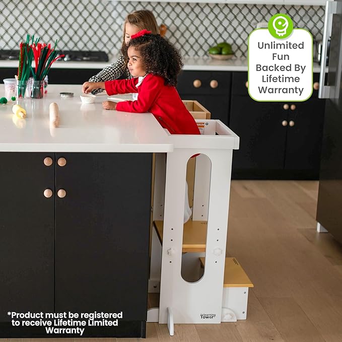 Little Partners Foldable Toddler Tower, Learning Tower Explore 'N Store Montessori Standing Kitchen Tower with Folding Step Stool Platform for Cooking and Learning, Ages 2+ (White w/Natural)