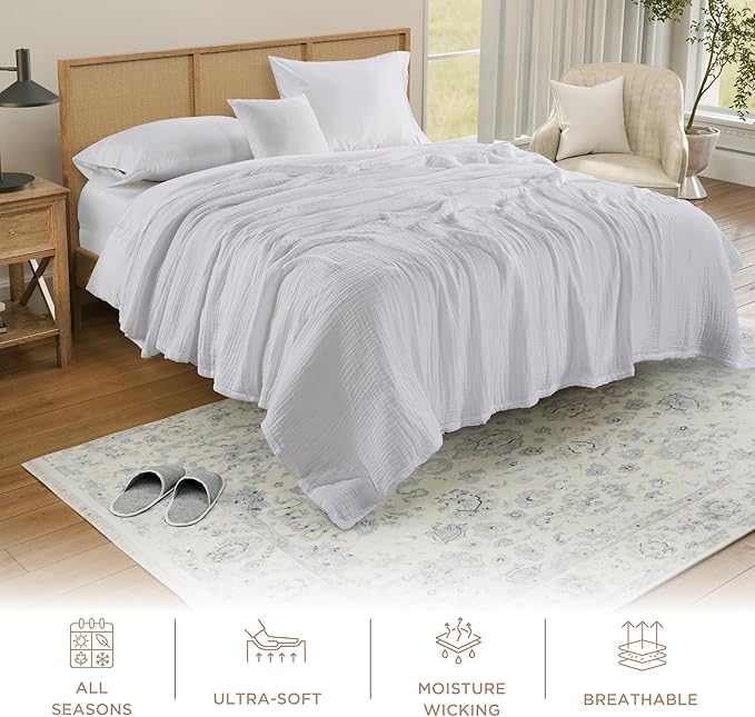 Threadmill Summer Queen Size Blanket| 4 Layer Cotton Gauze | Lightweight, Breathable, and Cozy for All Seasons | Versatile Muslin Blanket for Couch, Bed | White