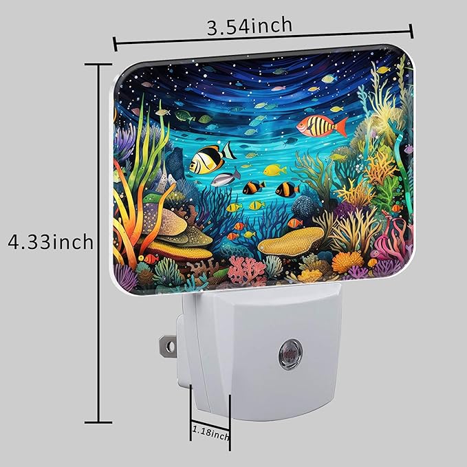 Colorful Underwater World Night Light for Kids, Fish and Coral LED Night Light Plug into Wall with Dusk to Dawn Sensor for Girls Boys Women Men Bedroom,Hallway,Kitchen,Bathroom,Stairs Decor