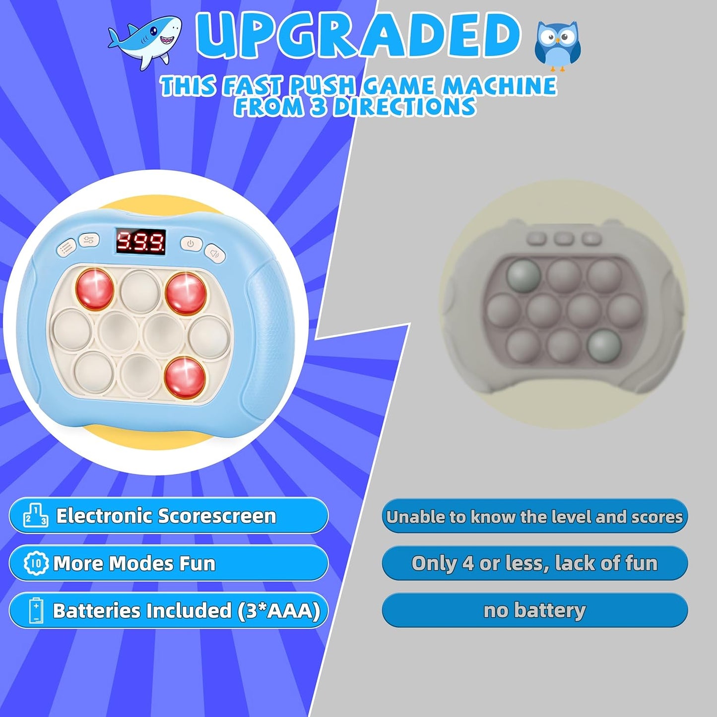 Upgraded Fast Quick Game Pop Bubble Up Toys for Kids, Funny Toys with LED Screen for Kids 3-12 for Girls and Boys Bubble Stress,Handheld Puzzle Game Sensory Toys(Batteries Included) (White-Blue)