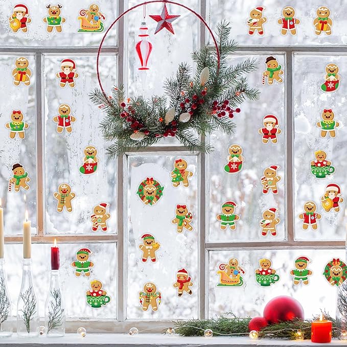 20 PCS Christmas Thick Gel Clings Gingerbread Man Window Decorations Xmas Window Clings Decals Yule Party Decor for Kids Toddlers Home Airplane Festive Season Holiday Party Home Classroom Nursery