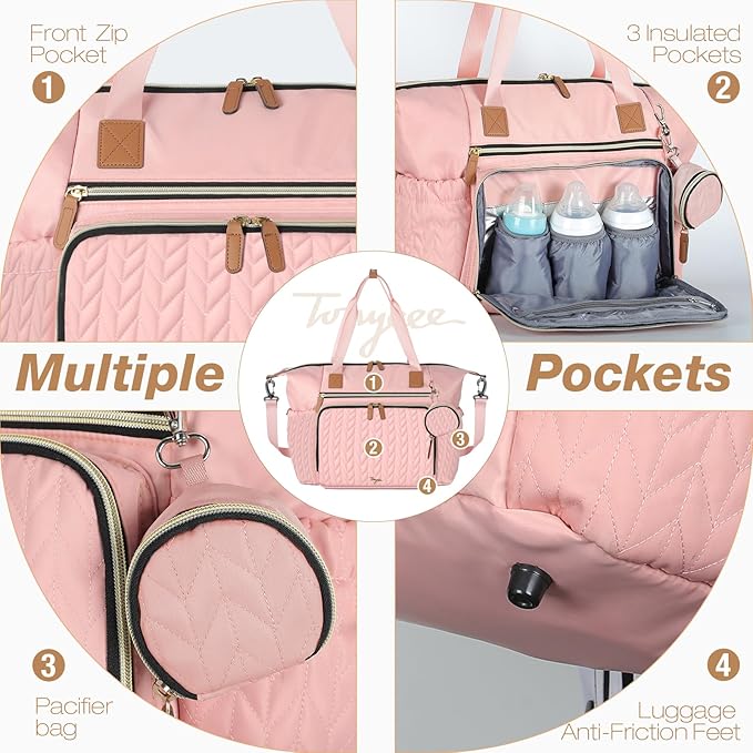 Diaper Bag Tote, Large Diaper Bags Waterproof, Hospital Bag for Labor Delivery, Baby Bag with Pacifier Case, Travel Diaper Tote with Changing Pad, Pink