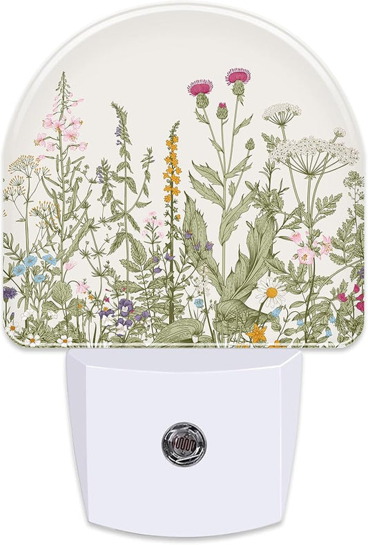 Herbs and Wild Flowers Night Light for Kids,Watercolor Green Botanical Floral Leaves Night Light Plug in with Dusk to Dawn Sensor,0.5w Energy Saving Nightlight for Hallway Stairway Kitchen Bedroom