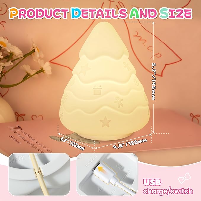 Night Light for Kids, Rechargeable Dimmable Silicone LED Nightlight with 7 Colors, Baby Nursery Night Lamp, Touch Squishy Lamp, Cute Gifts for Girls, Boys, Toddler Room Decor, Christmas Tree