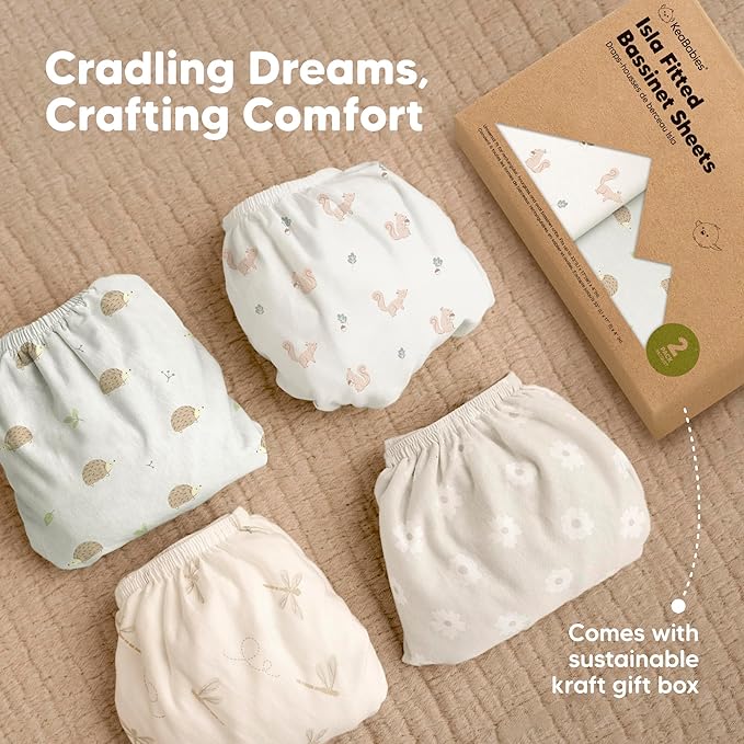 2-Pack Baby Bassinet Sheets Girl, Boy - 33x17 Viscose Derived from Bamboo Bedside Mattress Fitted Bassinet Sheets, Compatible with Halo Bassinest Swivel Sleeper, Baby Delight, Graco(Nibbles/Bruce)