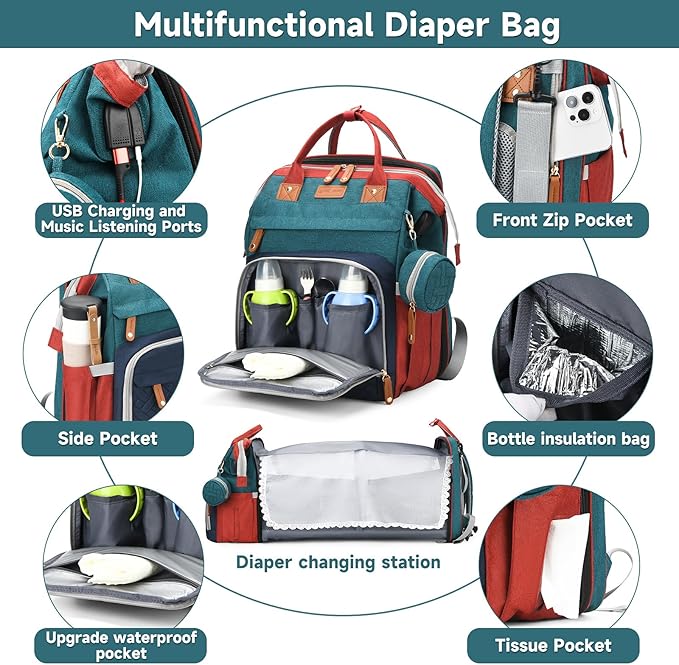 Baby Diaper Bags with Changing Station, Large Capacity Diaper Bag Backpack for Moms Dads with USB Charging Port,Travel Baby Bag with Pacifier Case & Stroller Straps(Up-Multicolor)