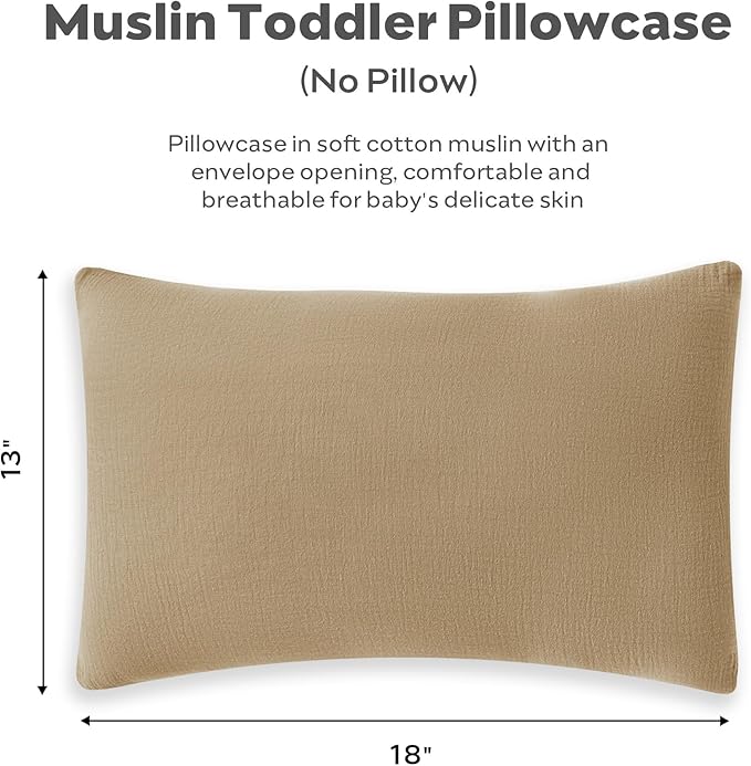 JELLYMONI 2 Pack Muslin Toddler Pillowcase for 13x18 Pillow, 100% Cotton Baby Pillow Case Cover for Bed, Toddler Cot and Travel, Soft & Breathable Baby Kids Envelope Pillowcase, No Pillow
