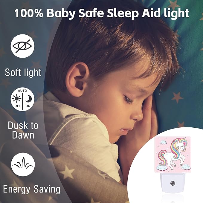 Cute Rainbow Unicorn Night Light, Pink Unicoron Cloud Stars Dusk to Dawn Night Light Plug in,0.5w Energy Saving Sleep Friendly NightLight for Kids Boys Girls Home Decor
