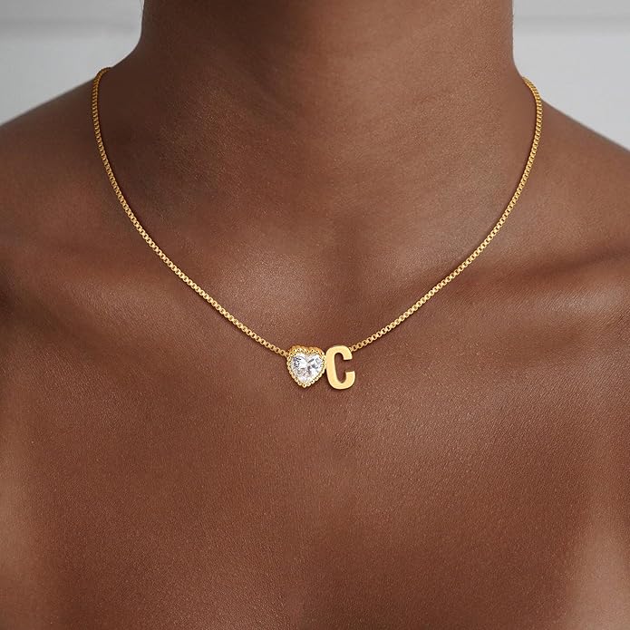 Christmas Gifts Gold/Silver Heart Initial Necklaces for Women Girls Teens Kids Non Tarnish 14k Gold Plated Letter Heart Zirconia Pendant Necklace Dainty Initial Name Necklace Jewelry for Women