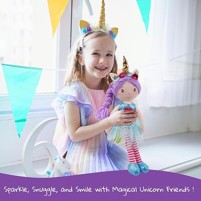 June Garden 16" Unicorn Doll Myra - Purple Hair Plush Rag Doll for Toddler Girls - Soft Companion Gift for 2+ Years - Blue Dress