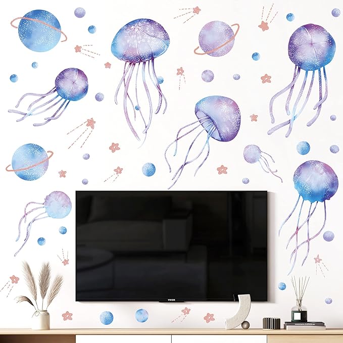 Starry Sky Jellyfish Wall Sticker Glow in The Dark Wall Stickers Stars Fluorescent Green Luminous Wall Decals DIY Peel Stick Art Decor for Walls Ceiling Kids Bedroom Living Room Nursery Girls and Boys(Green)