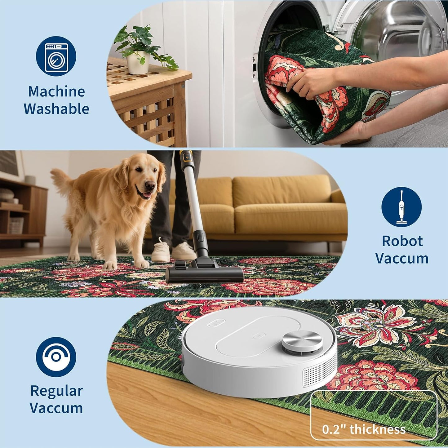 GarveeHome Forest Green Floral Botanical Washable 8x10 Rug for Living Room Soft Vintage Boho Cottage Large Rugs Low-Pile Carpet for Bedroom Dining Nursery Rug