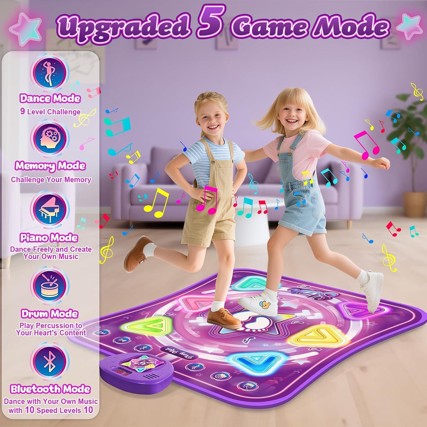 Dance Mat for Girls, Light-up 6-Button Dance Pad with Wireless Bluetooth & 5 Game Modes, Kids Electronic Dance Mats Musical Dancing Toys Christmas Birthday Gifts for Boys Girl Aged 3 4 5 6 7 8 9 10+