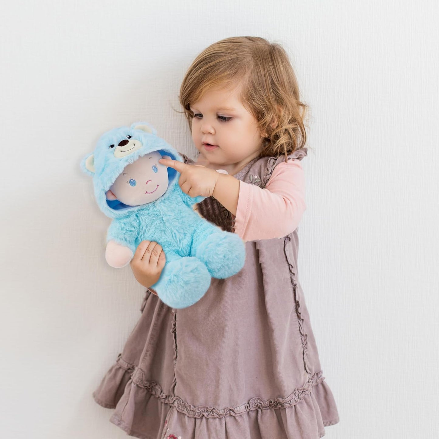 June Garden 12" Sweet Dolly Fuzzy - Stuffed Ultra Soft Baby Bear Doll for Birth and Up - Removable Blue Outfit
