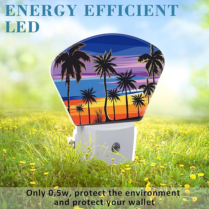 Tropical Palm Tree Night Light Plug into Wall, Sunset Beach Night Light with Dusk to Dawn Sensor for Kid Girls Boys Women Men Bedroom, Hallway, Kitchen, Bathroom, Stairs Decor