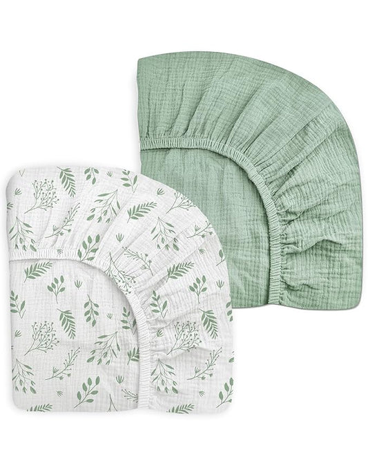 Pack and Play Sheets for Baby Boy and Girl 2 Pack, Neutral Muslin Cotton Pack N Play Mattresses Sheet 27"x39", Muslin Nursery Bedding Soft and Breathable Comfort (Fern Leaf & Sage)