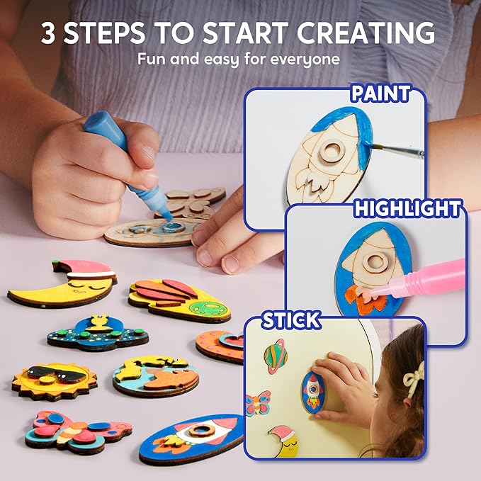 JOYIN 12 Glow in The Dark Wooden Magnets for Kids, Paint Your Own Arts and Crafts Painting Kit, Halloween Crafts Birthday Parties and Family Crafts Gift, Party Favors for Boys Girls Ages 3+