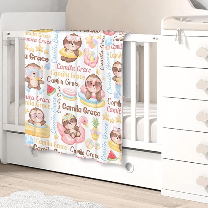 Personalized Baby Blanket for Girls Boys Kids Sloth Custom Baby Blanket with Name Throw Birthday Gift for Toddlers Infants Shower Newborns Nursery Stroller Crib Bed Decor