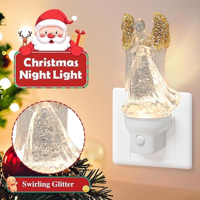 Christmas Angel Night Light Plug into Wall Glitter Water Nightlight with USB/Outlet Options, Christmas Decorative Nightlight for Bedroom Kitchen Nursery Holiday Decorations Gifts (Angel)