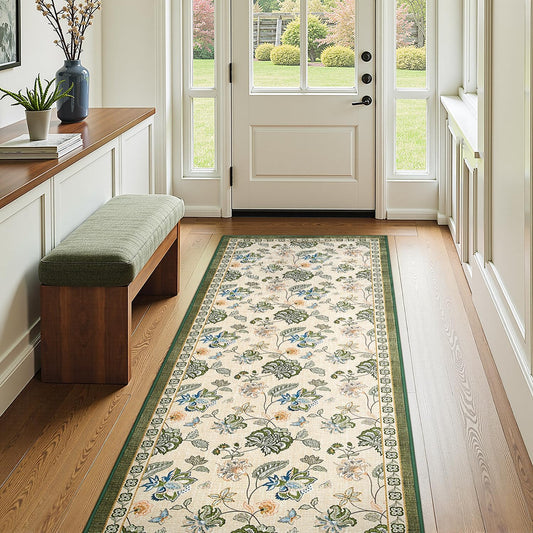 jinchan 3x8 Floral Runner Rug for Hallway Washable Kitchen Runner Vintage Romance Design Non Slip Thin Indoor Floor Cover Low-Profile Throw Carpet for Entryway Bathroom Bedroom Porch, Green/Beige