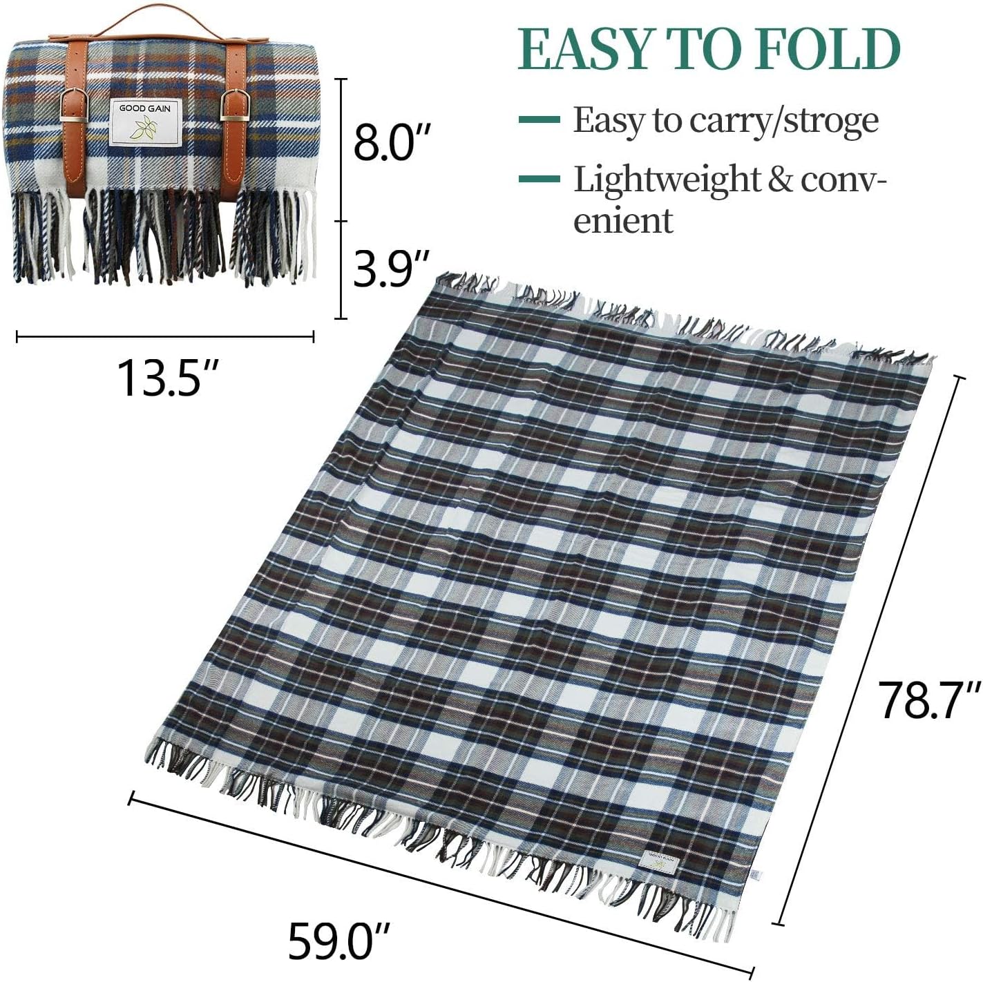 G GOOD GAIN Waterproof Picnic Blankets- Extra Large Outdoor Blanket Foldable, Beach Blanket with PU Handles, Sand-Proof Picnic Mat for Hiking, Camping, Lawn, Park, Grass. Blue Check