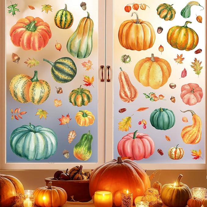 6 Sheets Fall Pumpkin Window Clings Colorful Autumn Pumpkins Leaves Pinecone Designs Double-Sided Fall Leaves Window Clings for Thanksgiving Home School Party Decor Accessories