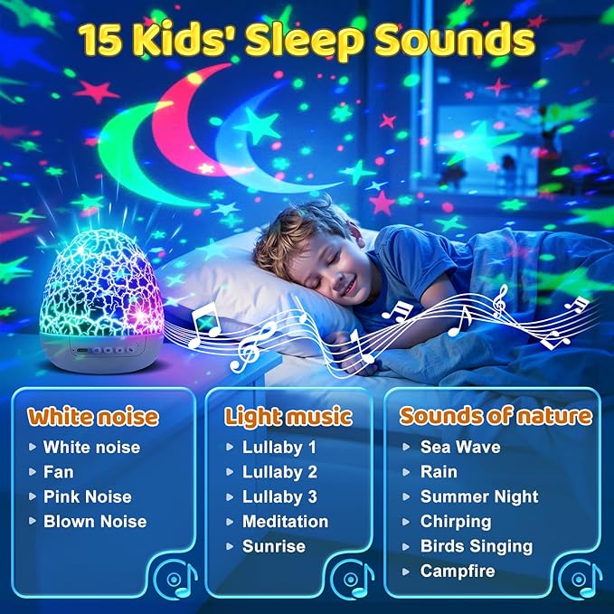 Baby Sound Machine Night Light Projector Kids Christmas Gifts | 15 White Noise Machine & 3D Films | 31Colors & Remote Control | Autism Toys Night Light for Kids, Baby Boy Toys, Egg Light for Nursery