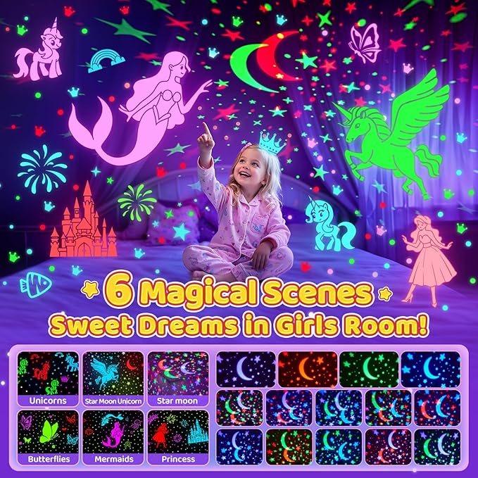 Onefire Girl Gifts, 6 Films Light Projector Unicorn Toys for Girls Age 4-6,Rechargeable Night Lights for Bedroom,360° Rotating Butterfly Lamp for Room Decor,Mermaid Princess Toddler Toys Toddler Gifts