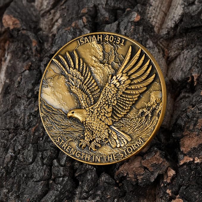 1.57 Inch Zinc Alloy Double-Sided 3D Eagle Challenge Coin - Inspirational Design with Isaiah 40:31 Engraving, Strength in The Storm Theme