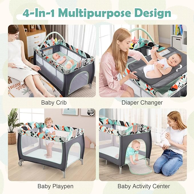 HONEY JOY Pack and Play, 4 in 1 Portable Baby Crib Playpen w/Bassinet, Changing Table, Storage Bag, Hanging Toys, Mattress, Foldable Pack and Play Nursery Center for Infant Boys Girls (Blue)