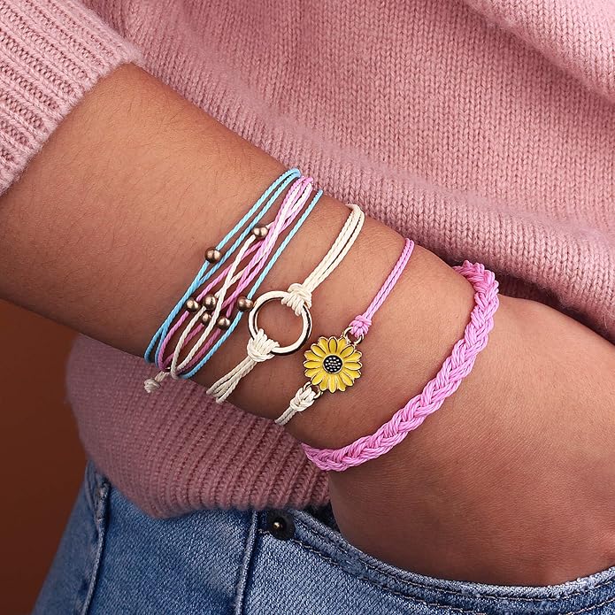 FANCY SHINY Sunflower String Bracelet Boho Braided Rope Wrap Bracelets Cute Summer Beach Surfer Jewelry for Women Christmas Gifts