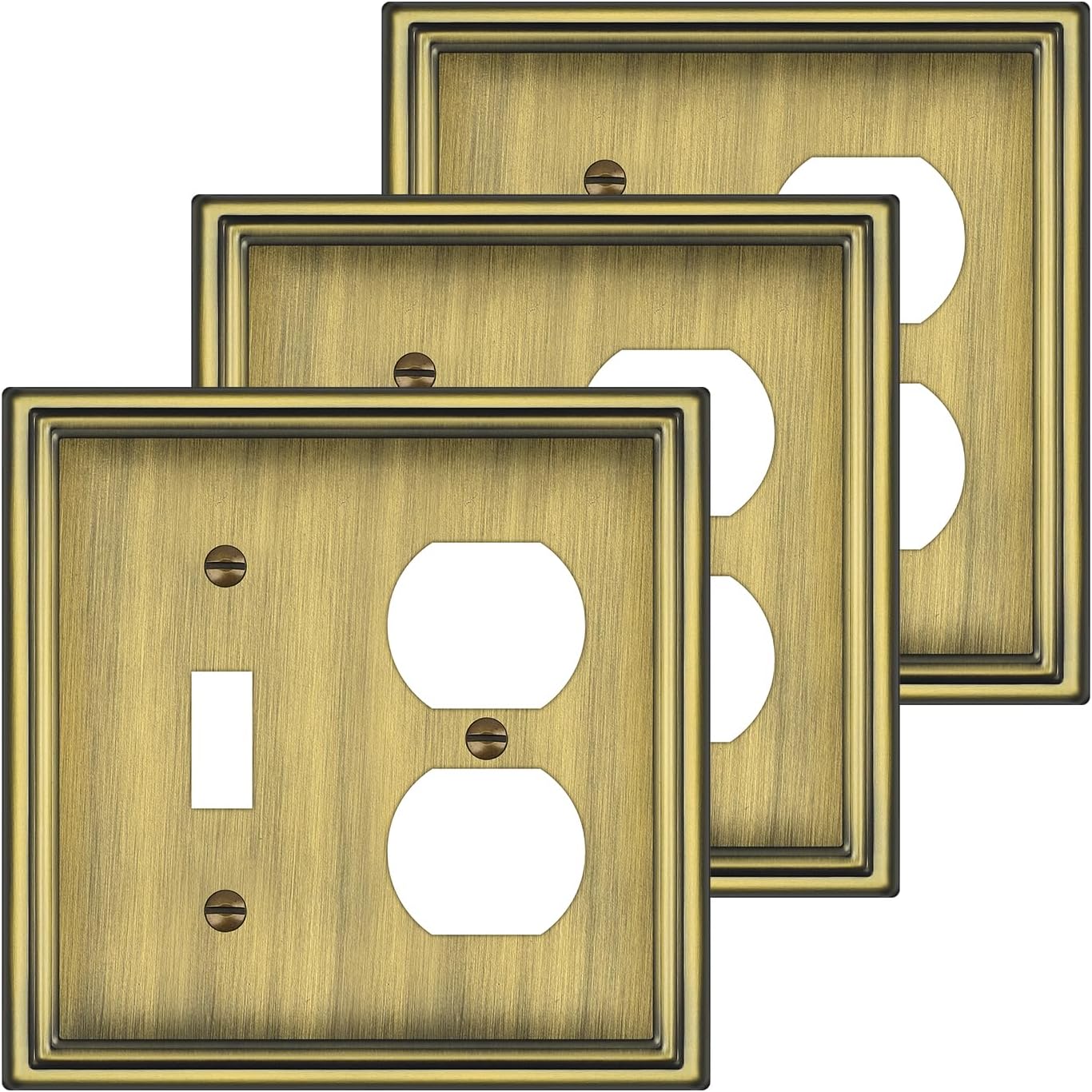 Combination Metal Light Switch Covers Wall Plate, 1 Toggle/1 Duplex Switch Plate Outlet Covers Antique Brass Decorative 2 Gang Wall Plate - Classic Style, 3 Pack