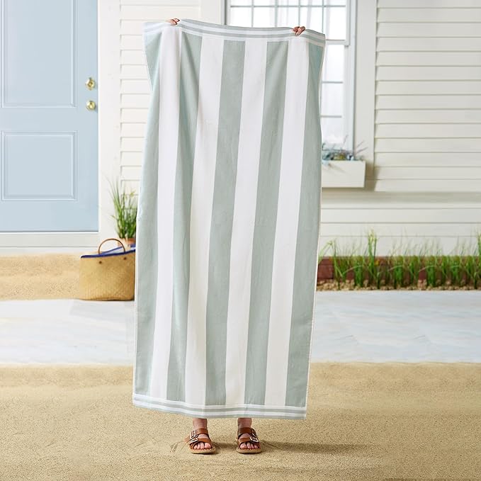 Great Bay Home 100% Cotton Velour 4 Pack Beach Towels 30" x 60" - Light Blue Cabana Stripe Pool Towels - Quick Dry, Large Swim Towels