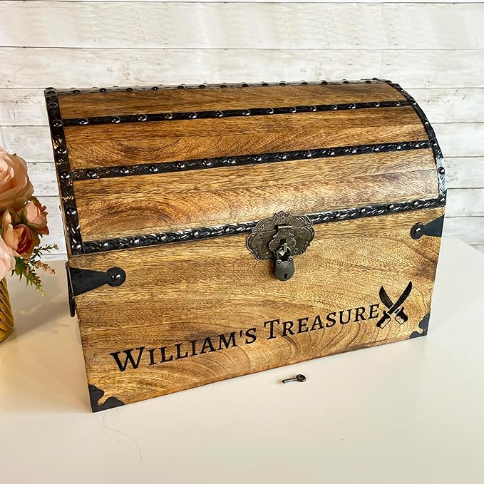 Nautical Cove Personalized Wood Treasure Chest - Pirate Chest with Custom Engraving (X-Large 16x12x12) – Decorative Storage Chest, Wooden Keepsake Box