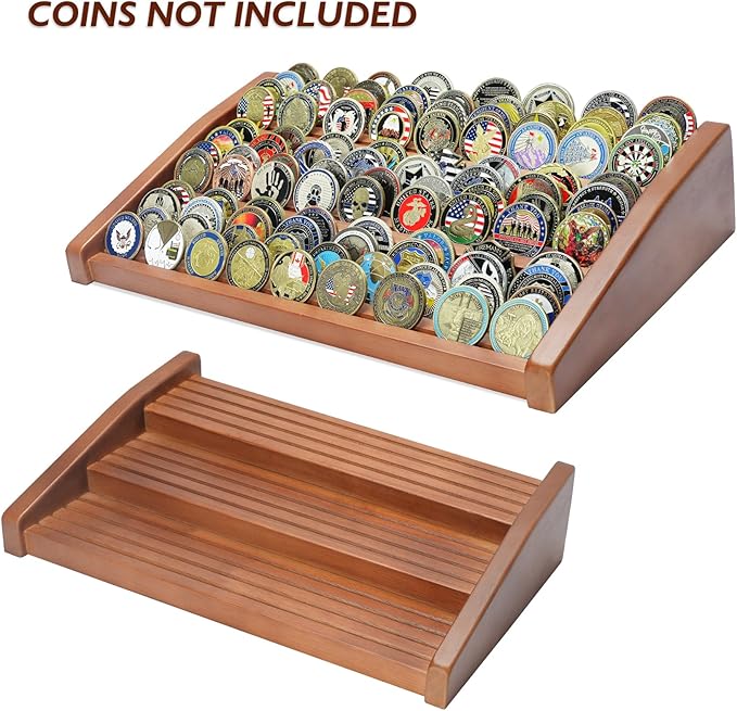 12 Rows Solid Wood Military Challenge Coin Display Stand Holds 90-100 Coins Army Coin Holder Display Police Coin Rack for Countertop, Walnut