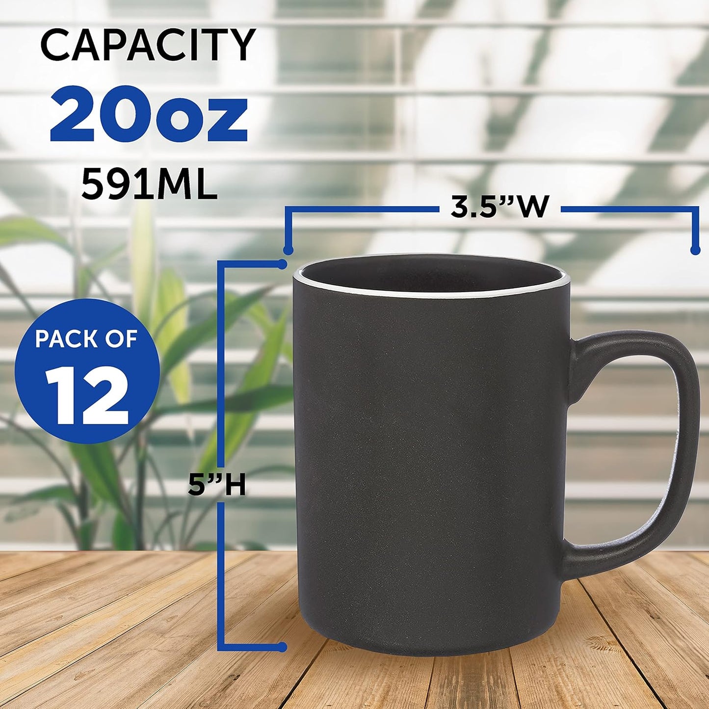 DISCOUNT PROMOS El Grande Matte Ceramic Mugs 20 oz. Set of 12, Bulk Pack - Perfect for Tea, Espresso, Cappuccino, Hot Cocoa - Charcoal