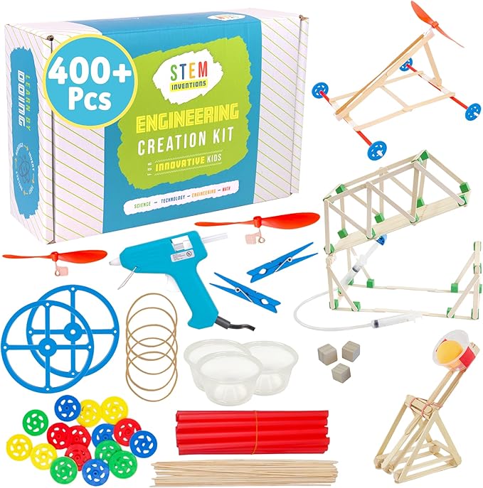 STEM Craft Kit - 25 Engineering Project Ideas - Invention Kit with Over 400pcs of Craft Wood, Propellers, Wheels, Hot Glue, Hydraulics and More Supplies for DIY Kids' Projects