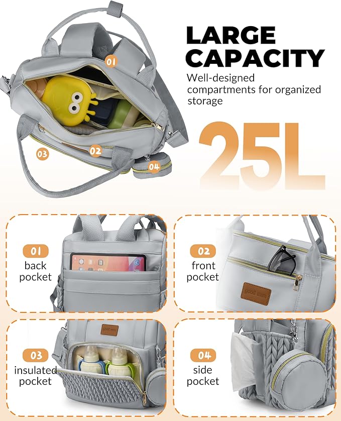 Backpack Diaper Bag,Stylish Waterproof Baby Diaper Bags with Changing Pad,Insulated Pockets,Multi-Function Travel Diaper Backpacks,Newborn Essentials, Grey