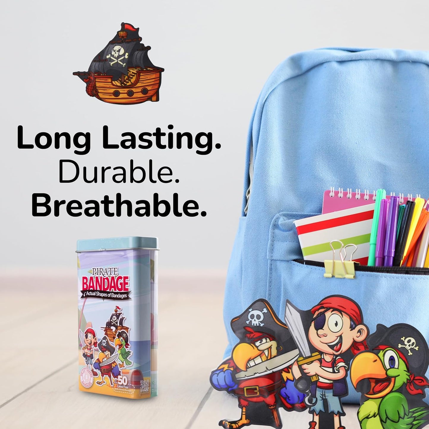 BioSwiss Bandages, Pirate Shaped Self Adhesive Bandage, Latex Free Sterile Wound Care, Fun First Aid Kit Supplies for Kids and Adults, 50 Count