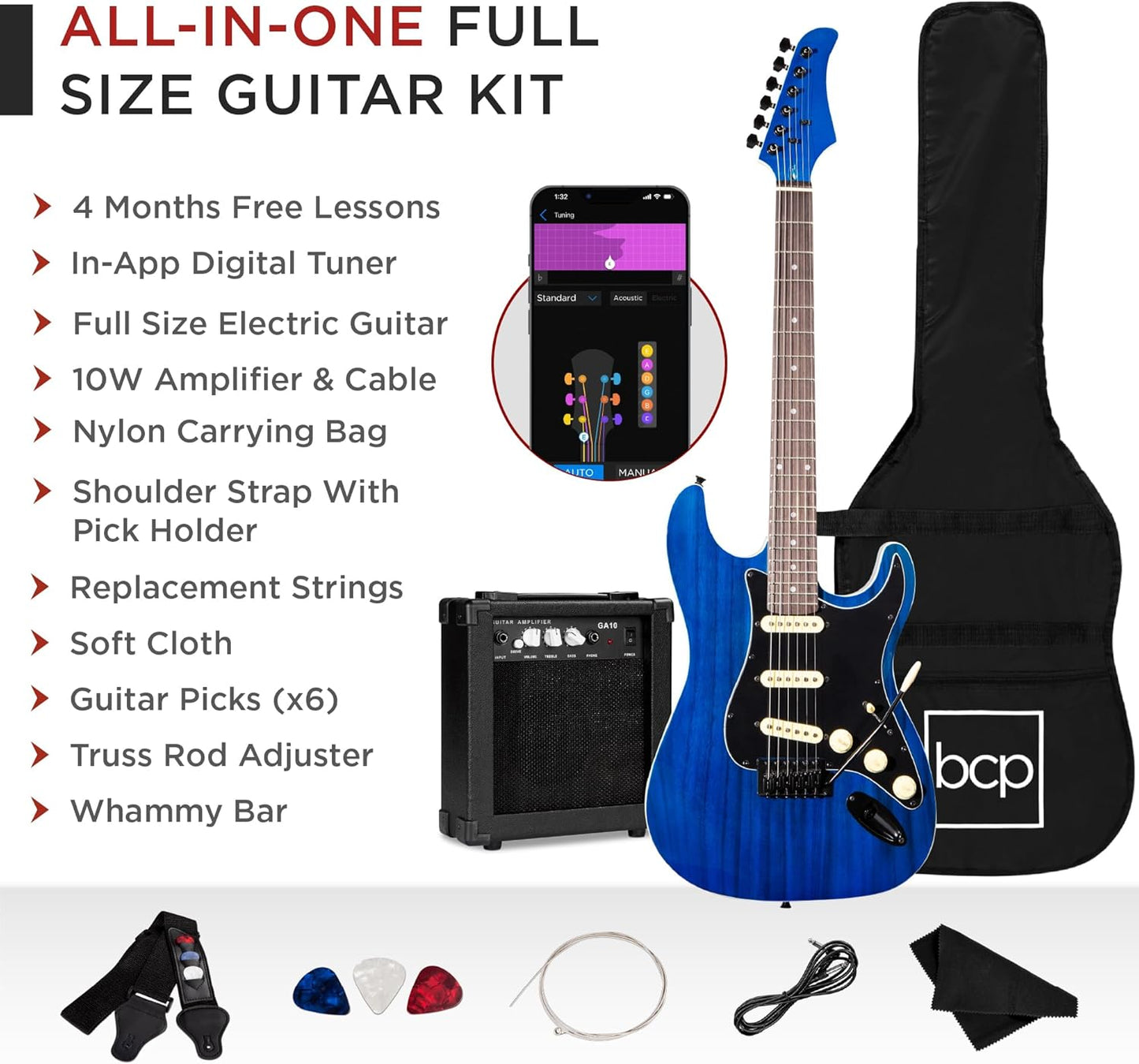 Best Choice Products 39in Full Size Beginner Electric Guitar Starter Kit w/Case, Strap, 10W Amp, Strings, Pick, Tremolo Bar - Midnight Blue