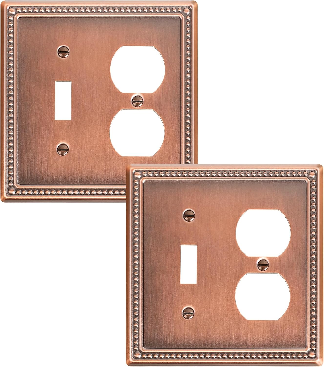 2-Pack Combo Toggle/Duplex Light Switch Cover Plate, Antique Copper Metal Wall Outlet Cover Plate, Decorative Classic Beaded Wall Socket Receptacle Cover for Electrical Outlets, Light Switch