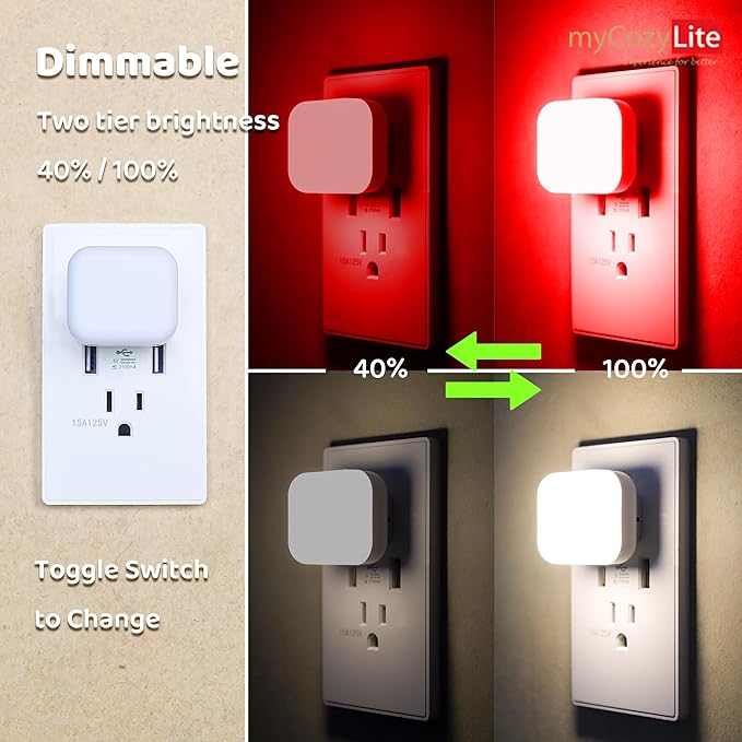 myCozyLite Red Night Lights Plug into Wall, Warm White Light, 2 in 1, Plugin Nightlights 4 Pack, Dusk to Dawn Sensor, Dimmable, Automatic Lights, for Bathroom, Bedroom, Kitchen, Hallways, Nursery