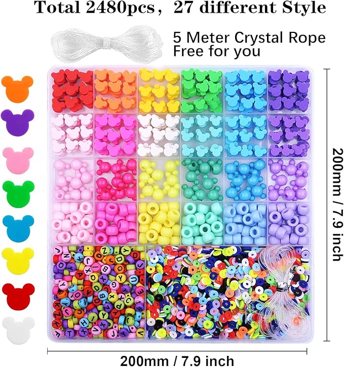 2480pcs Mouse Head Polymer Clay Beads Charms for Bracelets Making Kit Cute Fun Charms Beads Friendship Bracelet Making DIY Arts Crafts Birthday Gifts Toys for Kids Girls